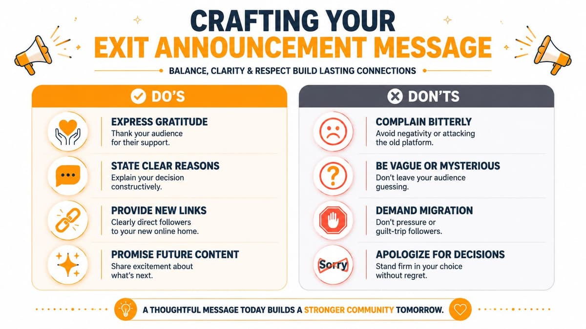 An infographic titled Crafting Your Exit Announcement Message detailing do's and don'ts for transitioning online audiences.