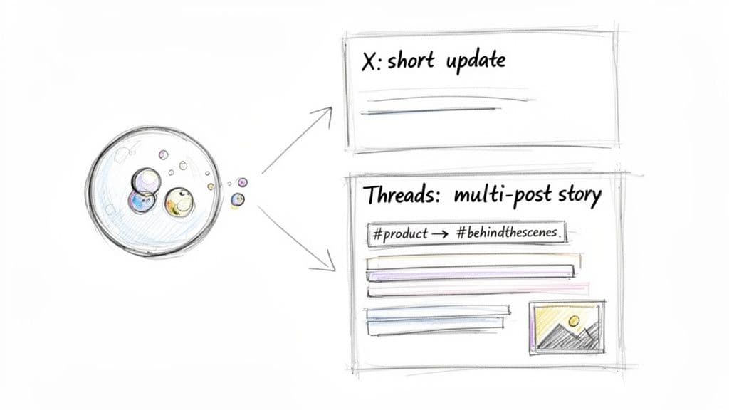 Diagram showing content migration strategy, differentiating X for short updates and Threads for multi-post stories with images.