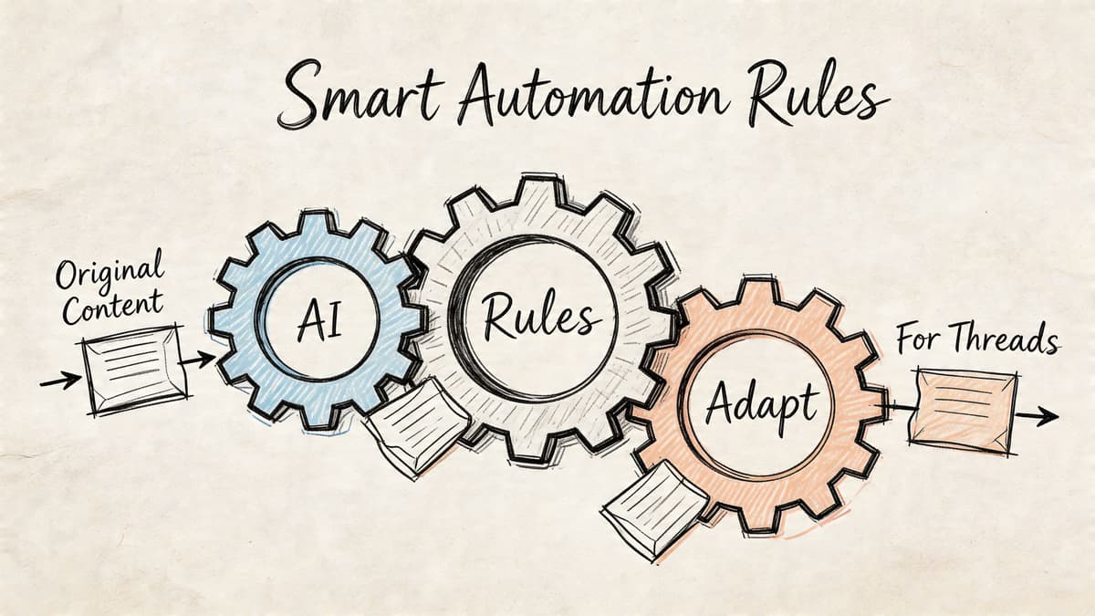 A hand-drawn illustration showing gears labeled AI, Rules, and Adapt representing an automated content strategy.
