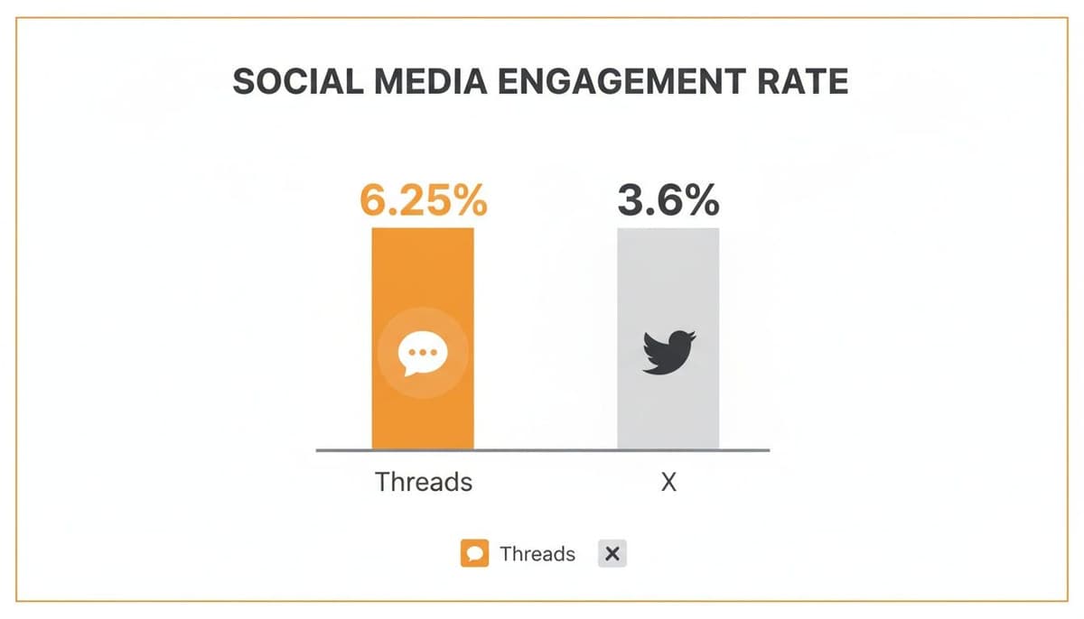 Bar chart comparing social media engagement rates: Threads at 6.25% and X at 3.6%.