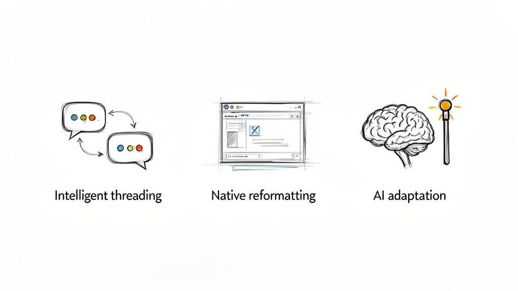 Three icons representing features: intelligent threading with speech bubbles, native reformatting with a window, and AI adaptation with a brain and light bulb.
