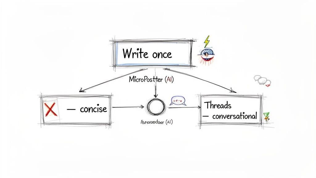 Diagram showing 'Write once' leading to 'MicroPostter (AI)' for concise or conversational 'Threads' content via 'ibunsodaer (AI)'.