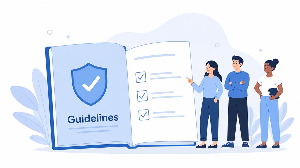A team of three professionals reviewing community management best practices illustrated in an open guidelines book.