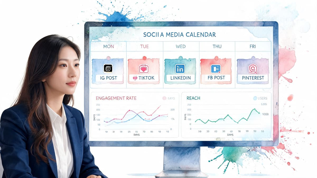 A professional woman looking at a computer screen displaying a social media content calendar and performance graphs.