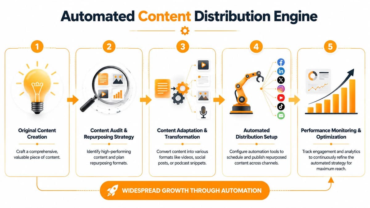 A five-step flowchart illustrating an automated content distribution engine process from creation to performance optimization.