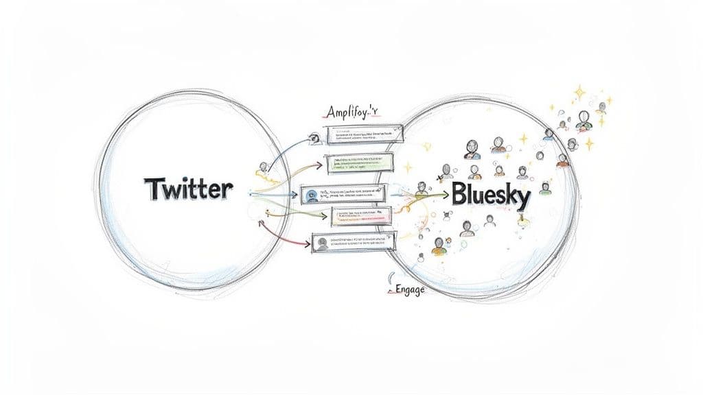 Infographic showing content amplification from Twitter to Bluesky with user engagement.