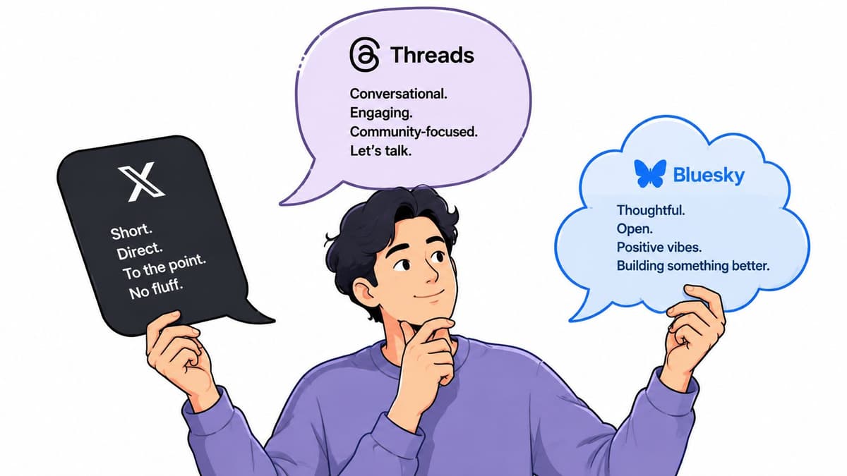 A person contemplating different social media platforms represented by X, Threads, and Bluesky speech bubbles.
