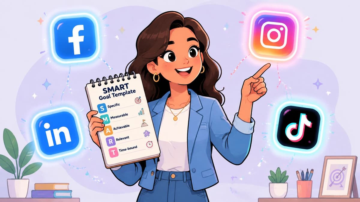 A professional woman holding a SMART goal template, surrounded by various social media platform icons.