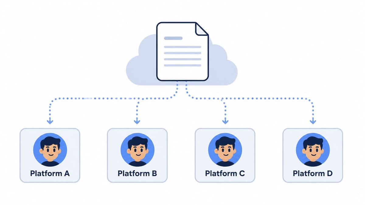 A cloud icon containing a document file distributing data to four different platform icons below.