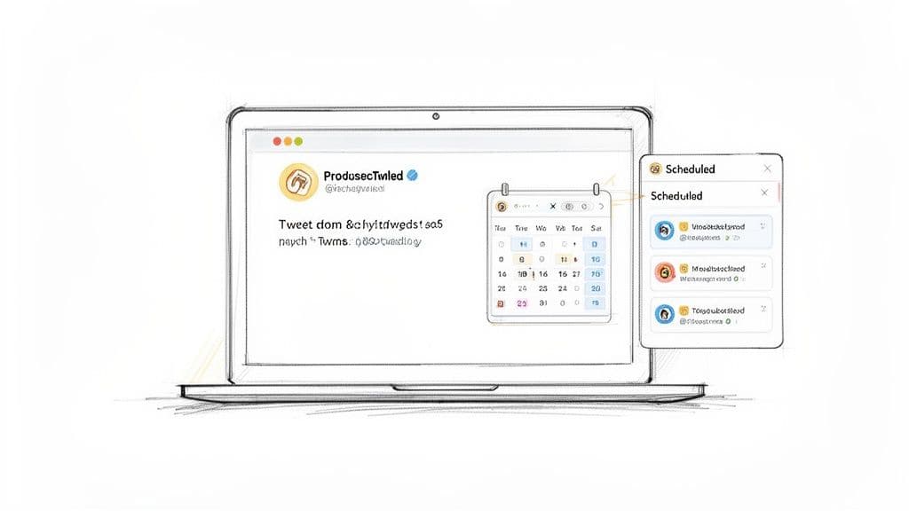 A laptop screen displays a social media interface with a calendar and a list of scheduled tweets.