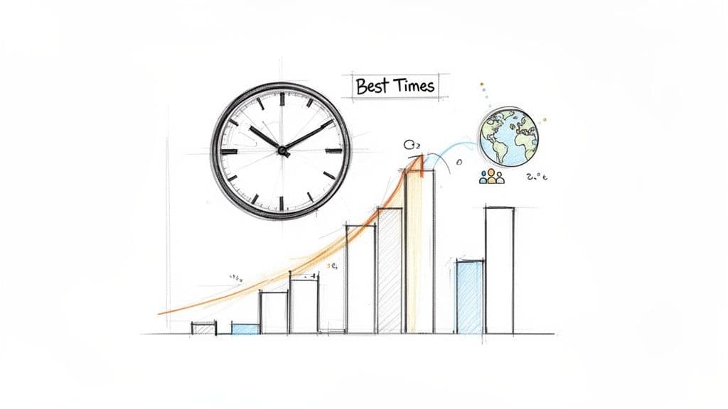 A hand-drawn sketch illustrating a clock, a rising bar graph, a globe, and people, with "Best Times" label.