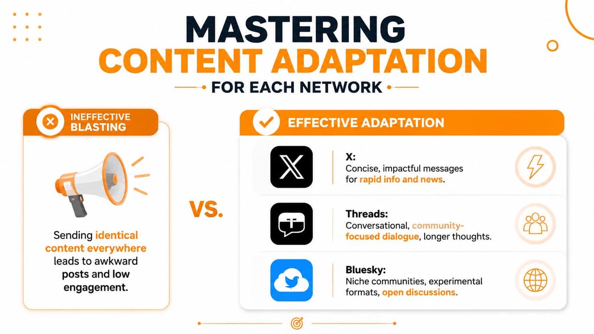 A graphic comparing ineffective content blasting versus effective platform-specific adaptation for X, Threads, and Bluesky.