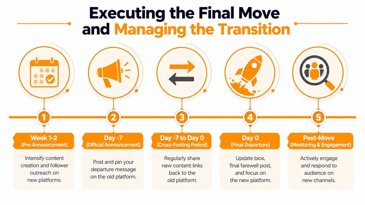 A five-step infographic guide for moving your online audience between social media platforms effectively.
