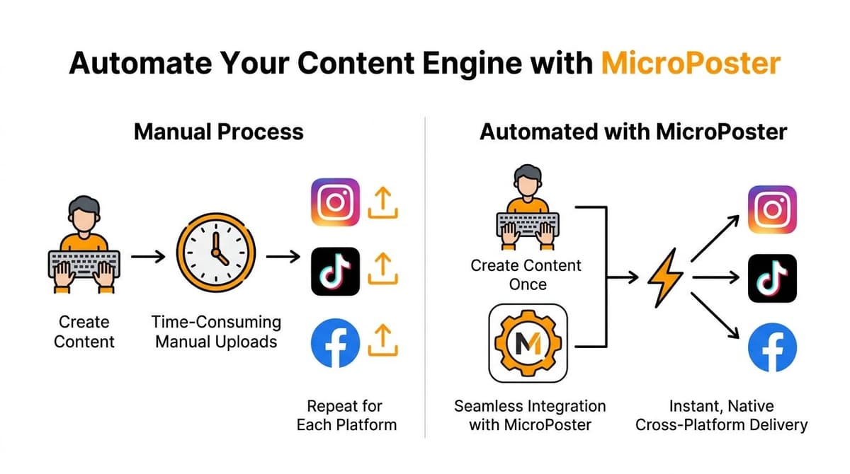 A comparison illustration showing manual social media content uploads versus automated delivery using the MicroPoster tool.