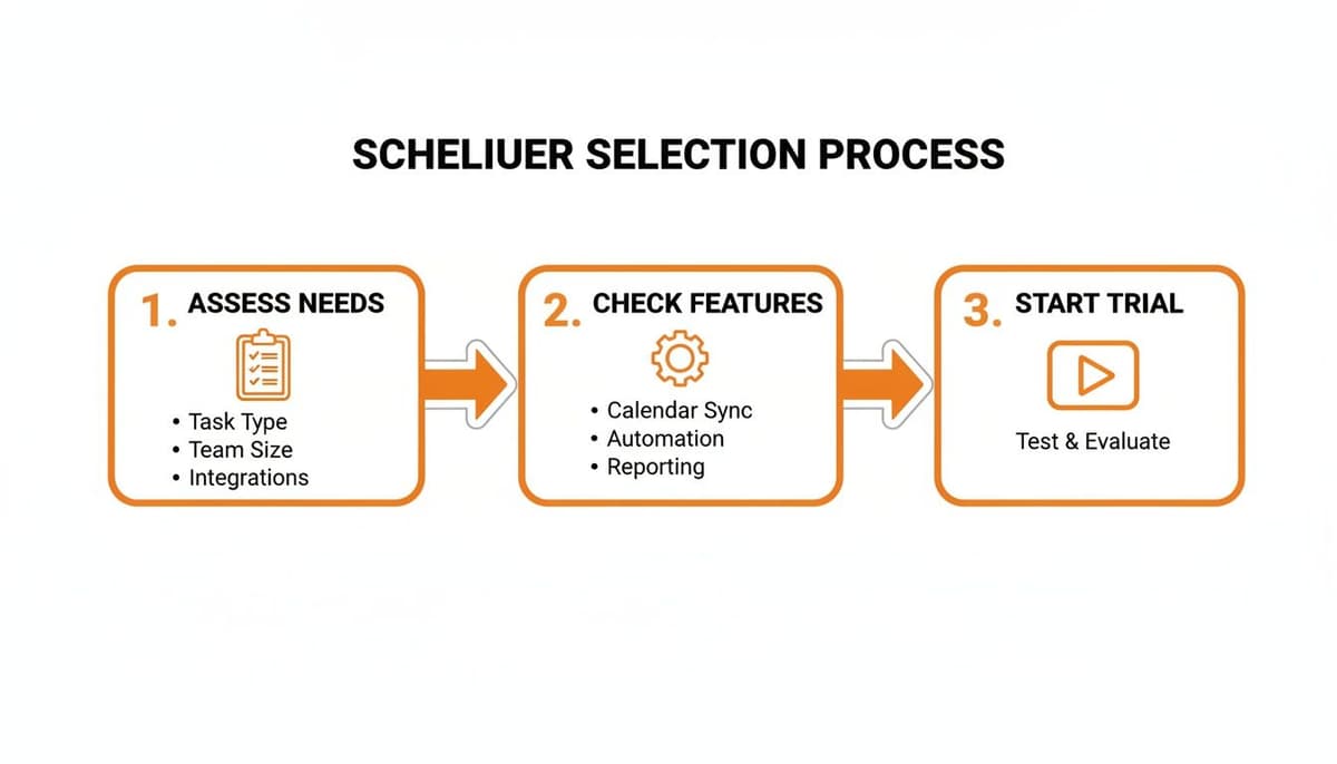 A three-step process for selecting Scheliuer software, including assessing needs, checking features, and starting a trial.