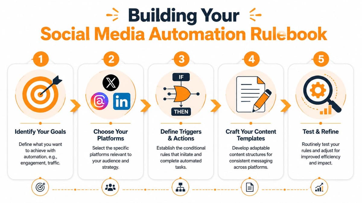 A five-step infographic showing how to build a social media automation rulebook for better workflow efficiency.