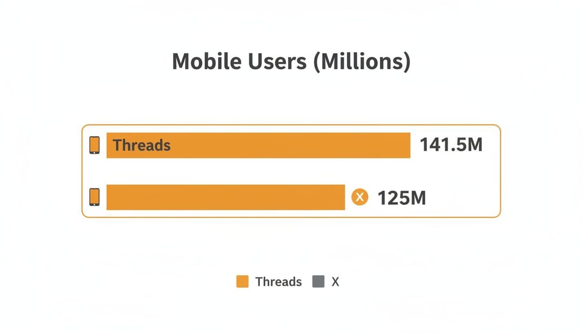 Bar chart comparing mobile users: Threads with 141.5M and X with 125M users.