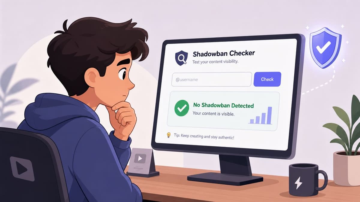 A young creator looking at a computer screen displaying a shadowban checker tool with positive results.