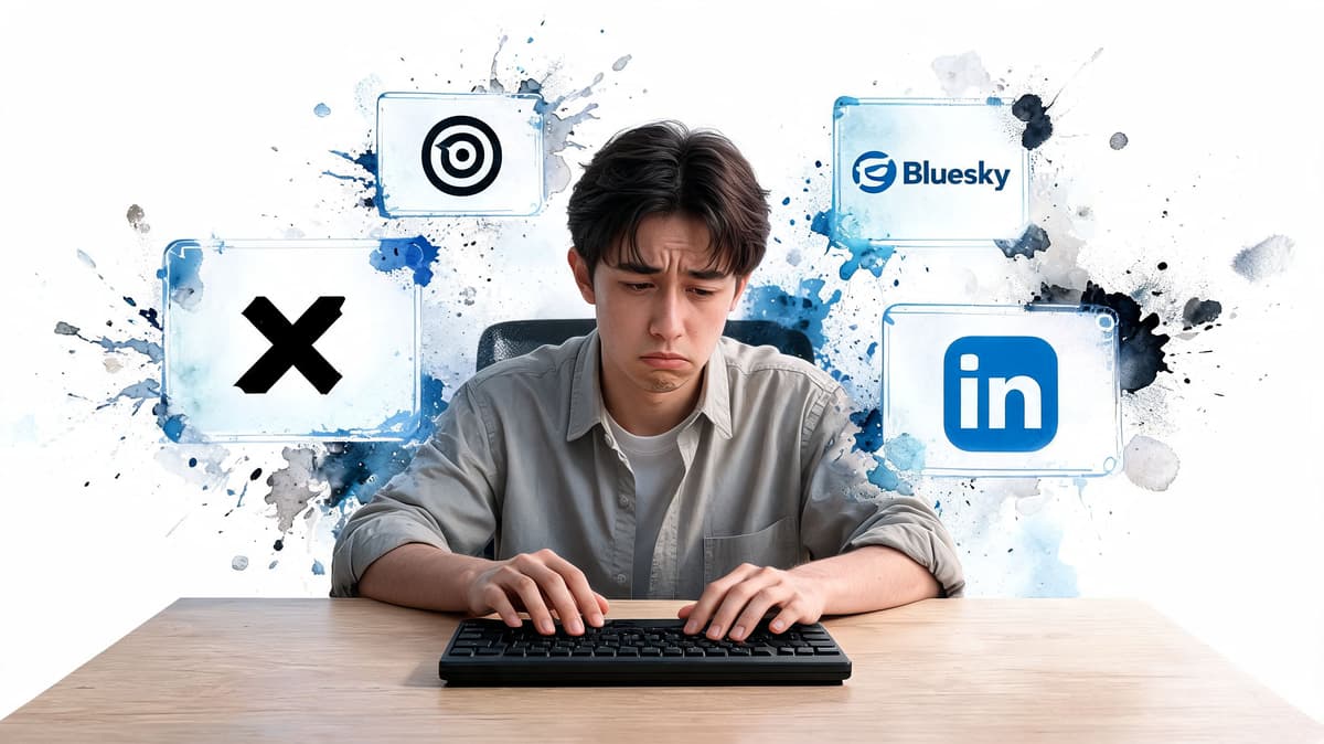 A tired person sitting at a desk typing while surrounded by various social media platform icons.