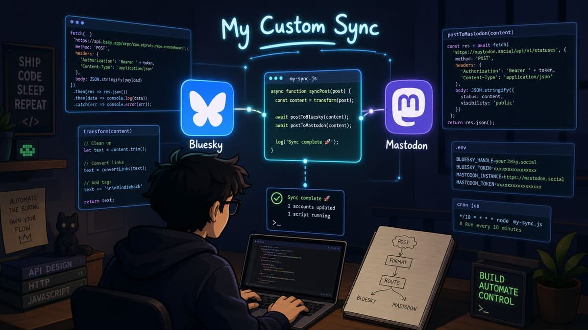 A developer coding an automated synchronization script between Bluesky and Mastodon social media platforms at night.