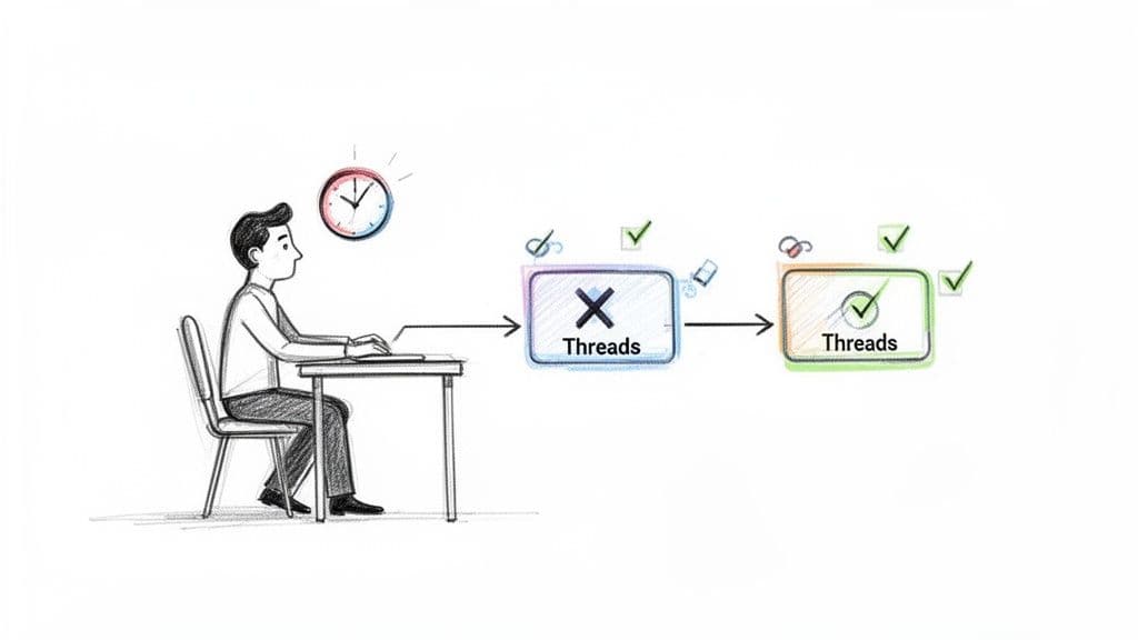 A man at a desk typing on a laptop, depicting a workflow transforming problematic 'Threads' into successful 'Threads'.