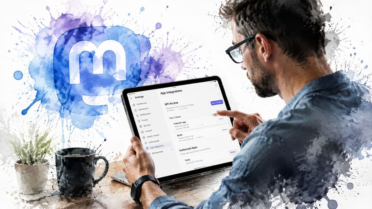 A person using a tablet to manage app integrations and API access settings on the Mastodon social network.