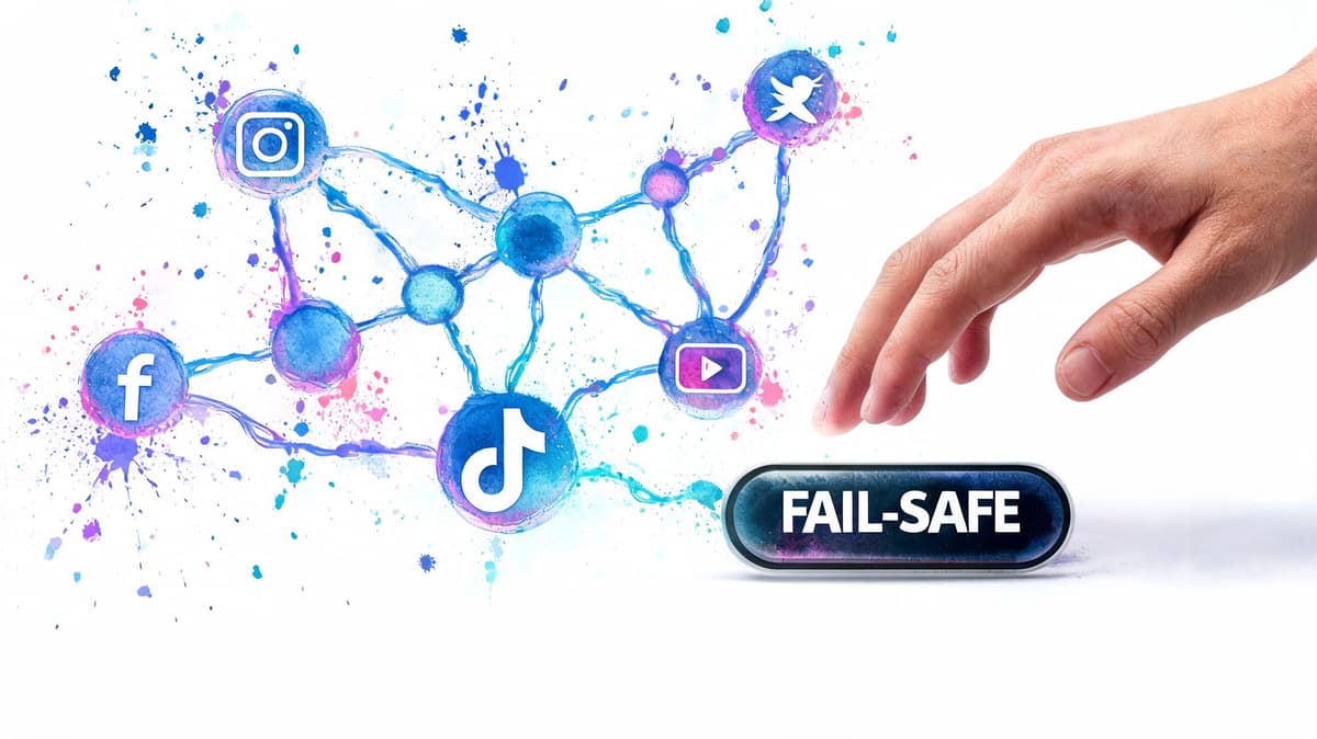 A hand reaching to press a button labeled FAIL-SAFE next to a network of social media icons.