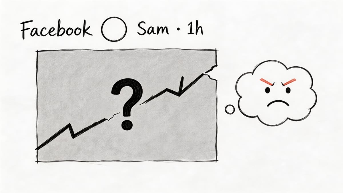 A hand-drawn illustration showing a Facebook post with a question mark on a graph and an angry face bubble.