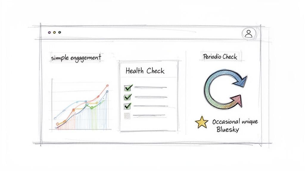 Hand-drawn sketch of a browser interface with engagement analytics, a health checklist, and a Bluesky-related feature.