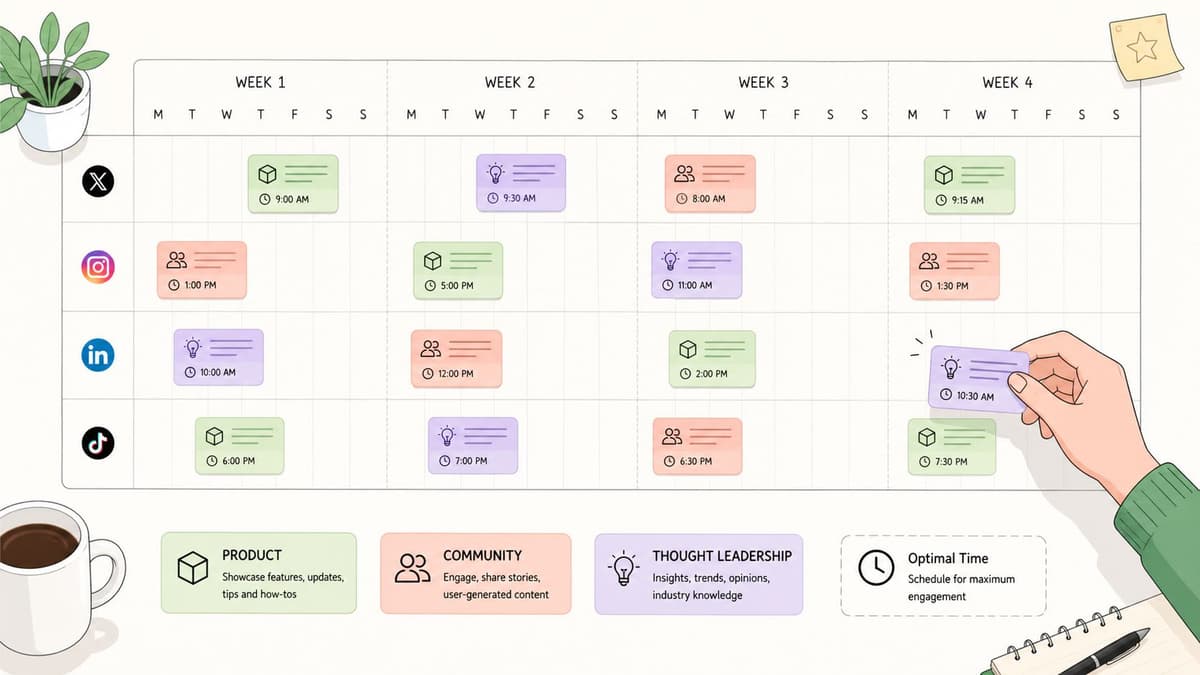 A social media content calendar planning a four-week schedule for X, Instagram, LinkedIn, and TikTok platforms.