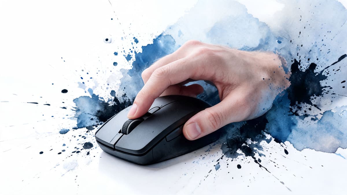 A close-up view of a person using a computer mouse with a creative blue watercolor paint splash.