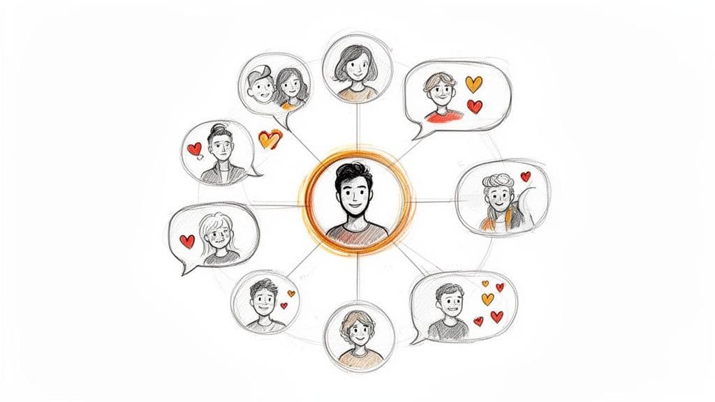 A sketch of a man connected to a network of diverse people with hearts, symbolizing audience or community.
