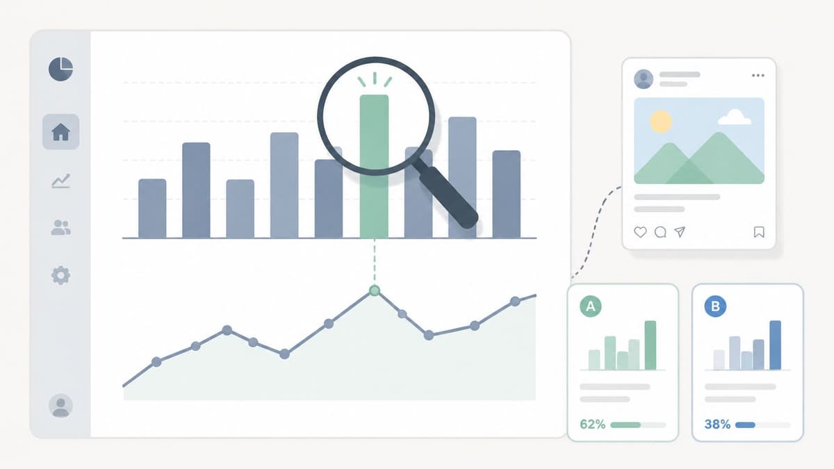 A digital analytics dashboard interface showing bar charts, trends, and A/B testing results for social media strategy.