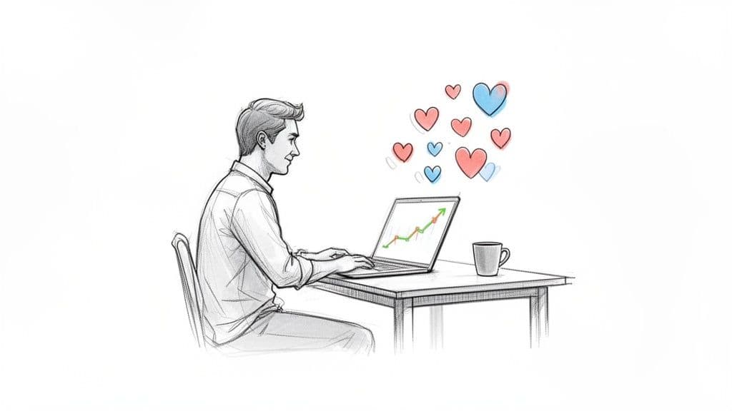 A man happily uses a laptop displaying an upward trend graph, with floating hearts.