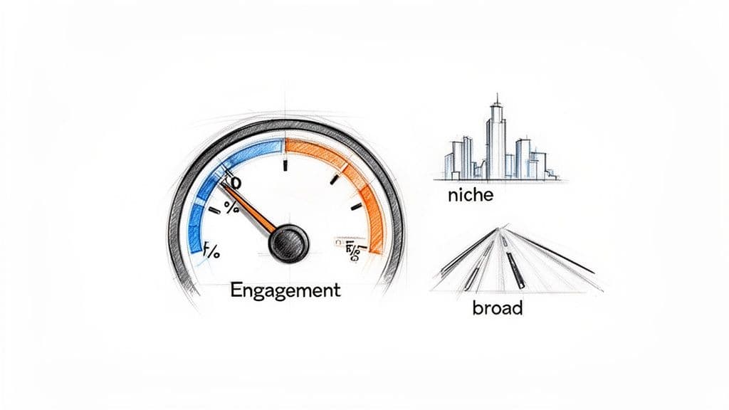 Sketch of an engagement gauge with needle in the blue zone, and concepts for niche and broad audiences.