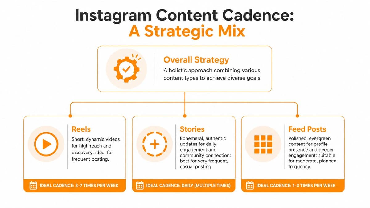 A diagram outlining the ideal posting frequency for Instagram Reels, Stories, and Feed posts.