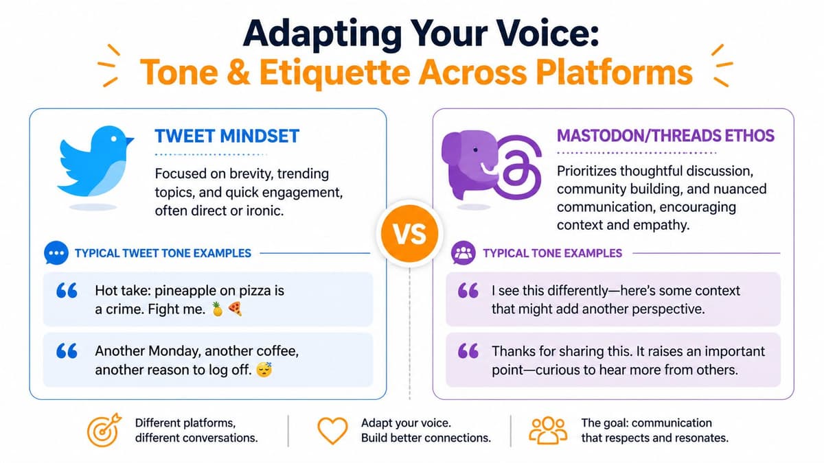 A graphic comparing communication styles and tones on X, formerly Twitter, versus Mastodon and Threads platforms.