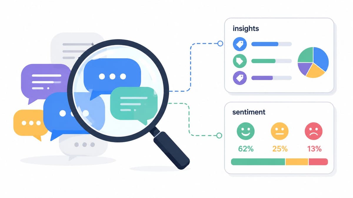 A magnifying glass analyzing speech bubbles to extract insights and customer sentiment data for social media.