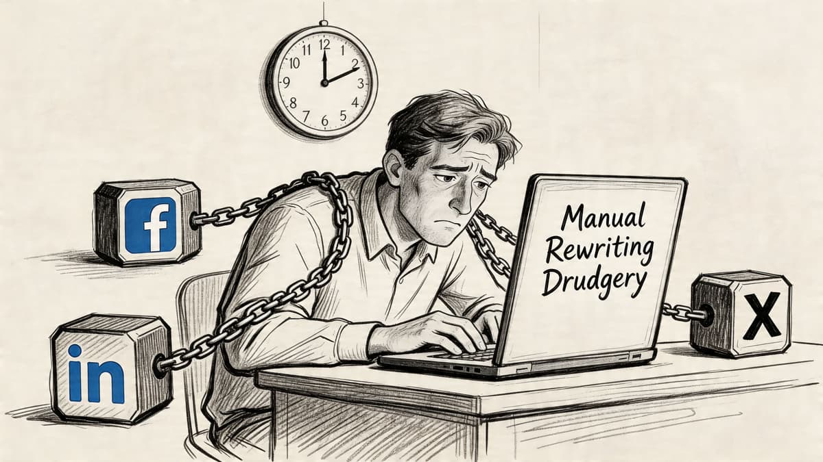 A stressed man chained to social media logos struggling with the repetitive task of manually rewriting content.