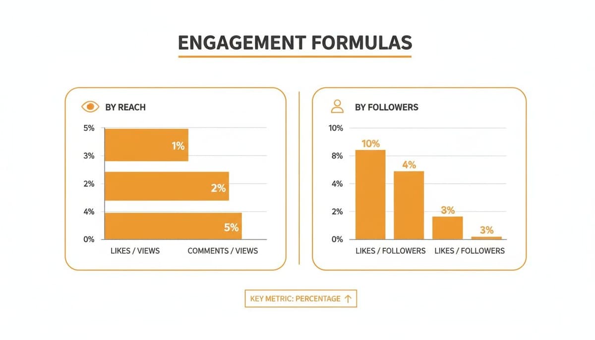 Two bar charts illustrate social media engagement formulas, showing rates by reach and by followers for likes and comments.