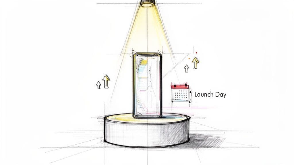 Sketch illustrating a smartphone on a pedestal under a spotlight, with arrows and a 'Launch Day' calendar.