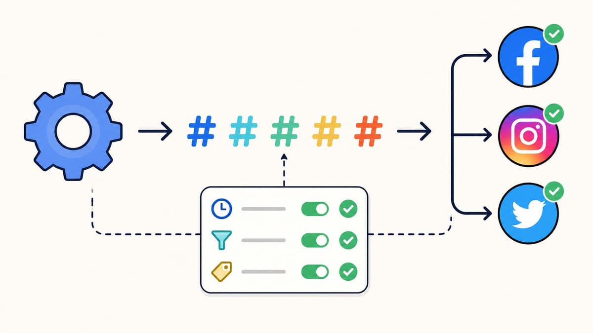A diagram illustrating an automated social network marketing workflow with hashtag generation and multi-platform distribution.