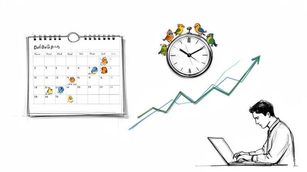 An illustration of a calendar, a clock with birds, a growth graph, and a person working on a laptop.
