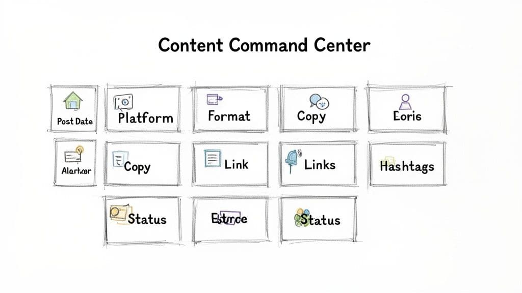 A 'Content Command Center' diagram illustrating content management elements like post date, platform, copy, links, and status.