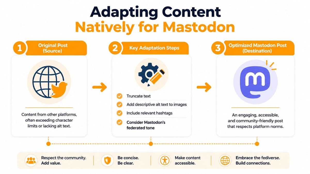 A flowchart showing how to adapt social media content for Mastodon with three clear steps.