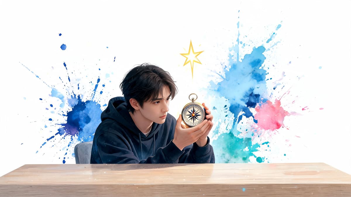 A young man sitting at a wooden desk, holding a compass in front of watercolor splashes.