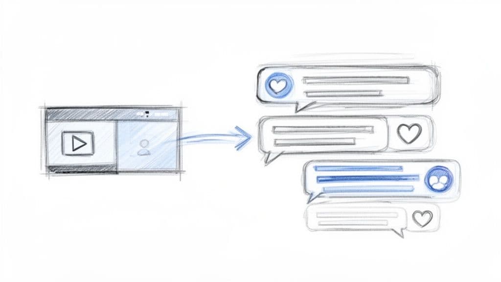 Sketch illustrating data migration from a screen interface with video to social media chat bubbles.