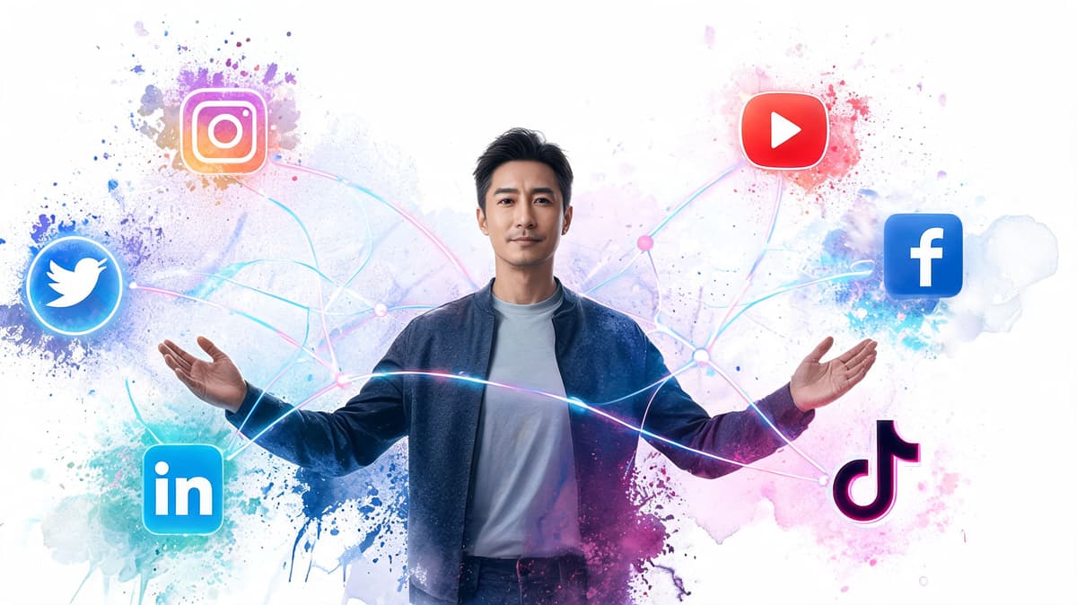 A professional man standing in the center with icons of popular social media platforms floating around him.