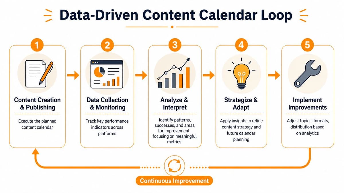 A flowchart showing the five steps of the data-driven content calendar loop for continuous performance improvement.