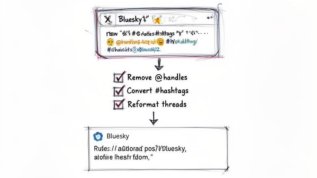 Diagram illustrating the transformation of social media text for Bluesky, including handle removal and hashtag conversion.